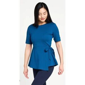 Betabrand Kelly Peplum Faux Wrap Top L Blue Polished Travel Work Wear Career